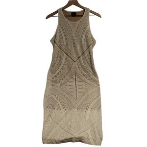 Beige Sleeveless Midi Dress Geometric Pattern Casual Party Cocktail